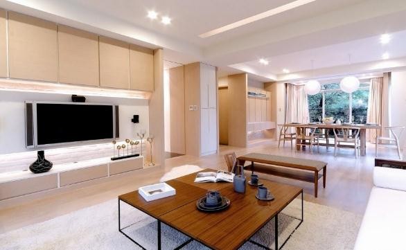 多元混合日式風(fēng)格150平米別墅客廳電視背景墻裝修效果圖